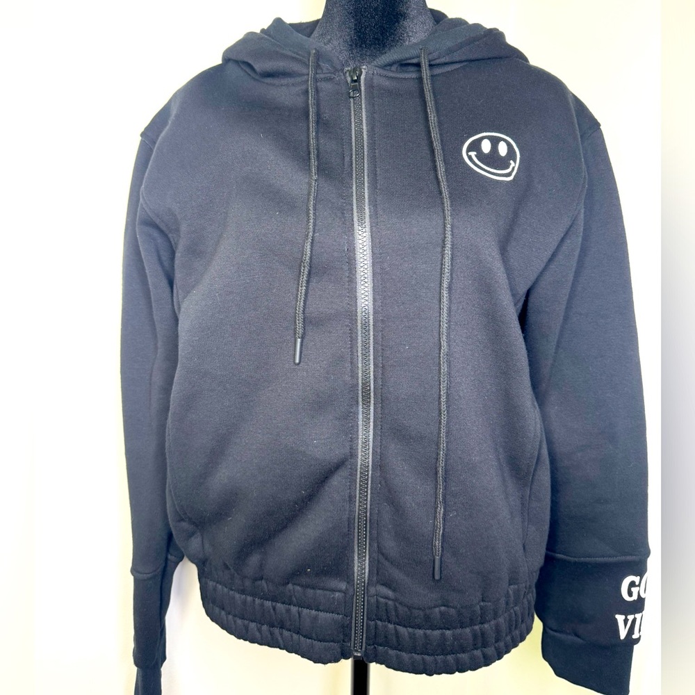 Angle Cult “Good Vibes” Black Hoodie Sweatshirt with Full Zipper Women’s Size L